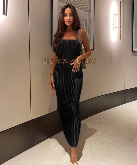 Satin Pleated Long Dress In Black - BEYAZURA.COM