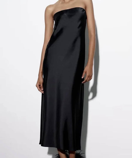 Satin Strapless Long Dress In Black - BEYAZURA.COM
