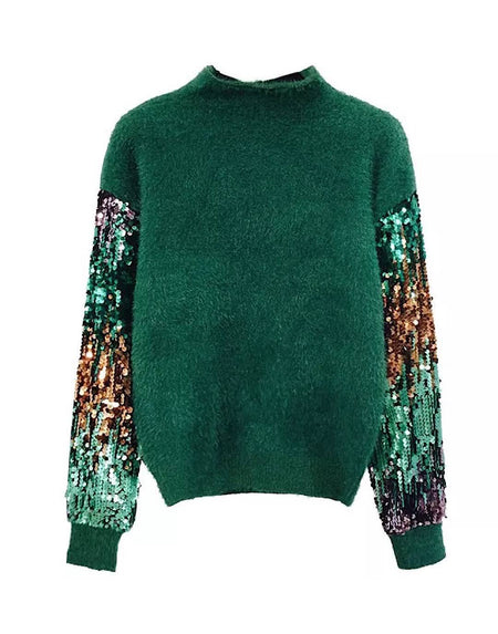 Sequin Sleeves Fluffy Warm Sweater - BEYAZURA.COM