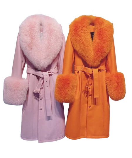 Sheep Skin Leather Long Coat With Fox Fur Collar and Sleeves - BEYAZURA.COM