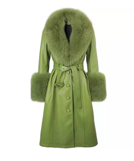 Sheep Skin Leather Long Coat With Fox Fur Collar and Sleeves - BEYAZURA.COM