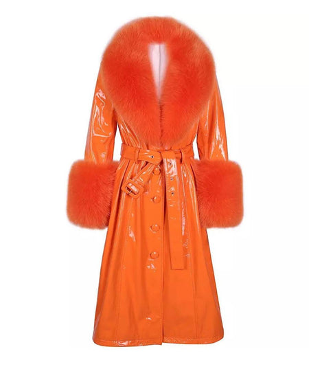 Sheep Skin Leather Long Coat With Fox Fur Collar and Sleeves - BEYAZURA.COM