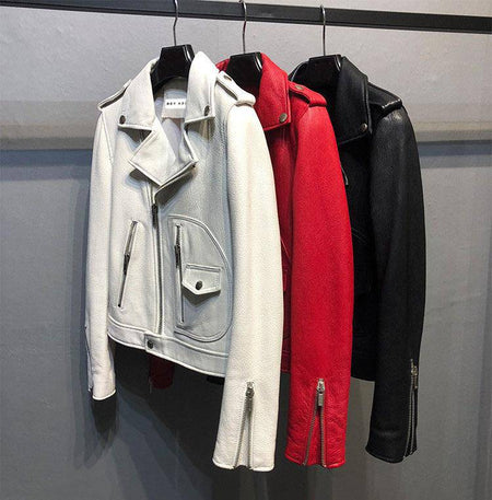 Sheepkin Leather Biker Jacket With Asymmetrical Zippers - BEYAZURA.COM