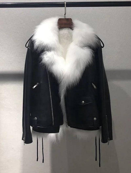 Sheepskin Leather Biker Jacket With Fox Fur Vest Lining - BEYAZURA.COM