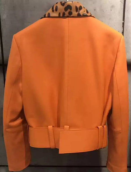 Sheepskin Leather Jacket With Leopard Collar - BEYAZURA.COM