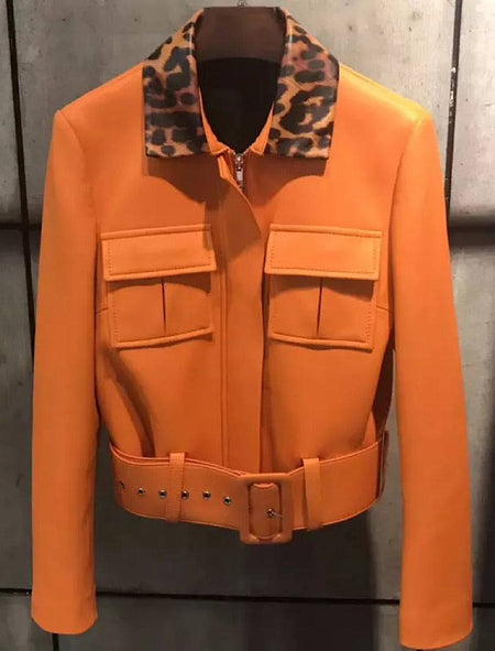 Sheepskin Leather Jacket With Leopard Collar - BEYAZURA.COM