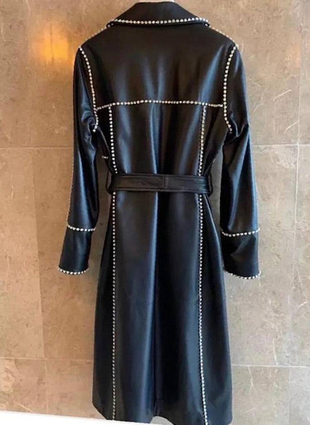 Sheepskin Leather Long Coat With Crystal Trims - BEYAZURA.COM