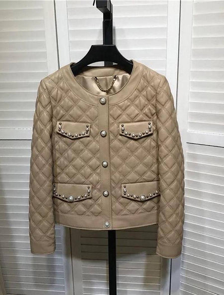 Sheepskin Studded Quilted Leather Jacket - BEYAZURA.COM