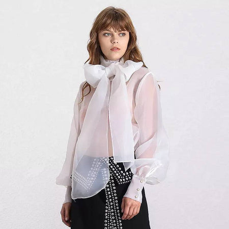 Sheer Bow Tie Blouse - BEYAZURA.COM