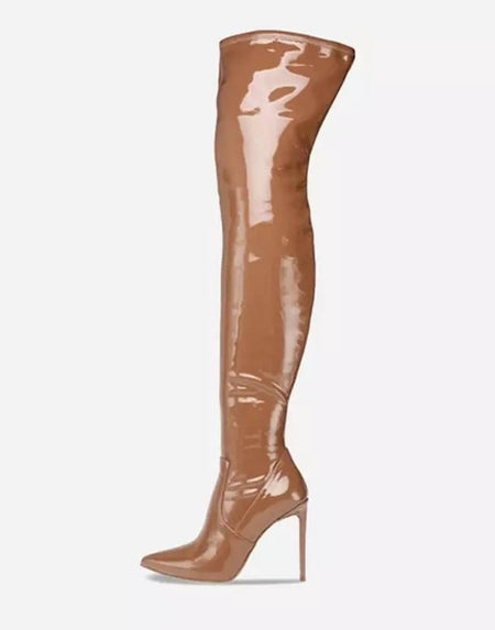 Shiny PU Leather Above The Knee Boots - BEYAZURA.COM