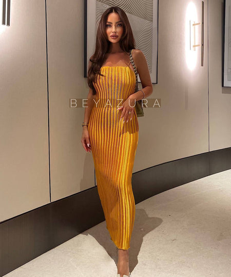Shiny Satin Pleated Long Dress In Gold - BEYAZURA.COM