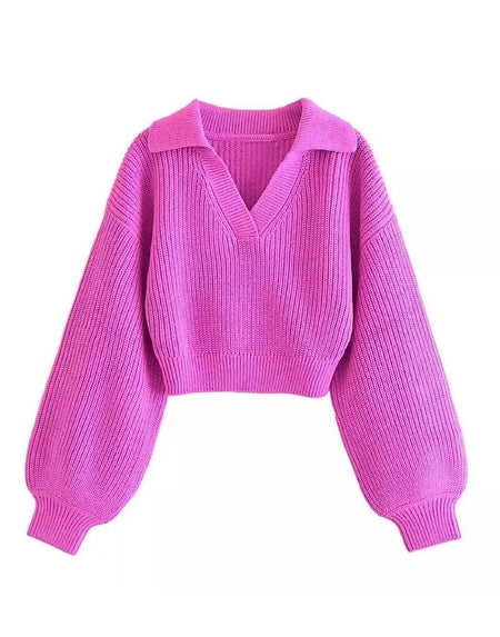 Short Collar Cropped Pink Sweater - BEYAZURA.COM