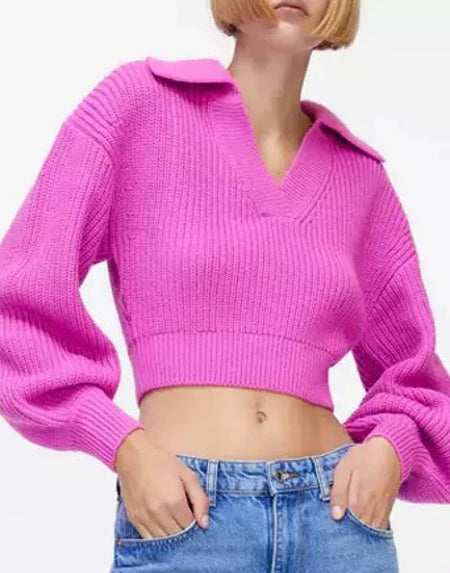 Short Collar Cropped Pink Sweater - BEYAZURA.COM