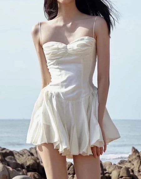 Slim Ruffle Spaghetti Strap Dress - BEYAZURA.COM