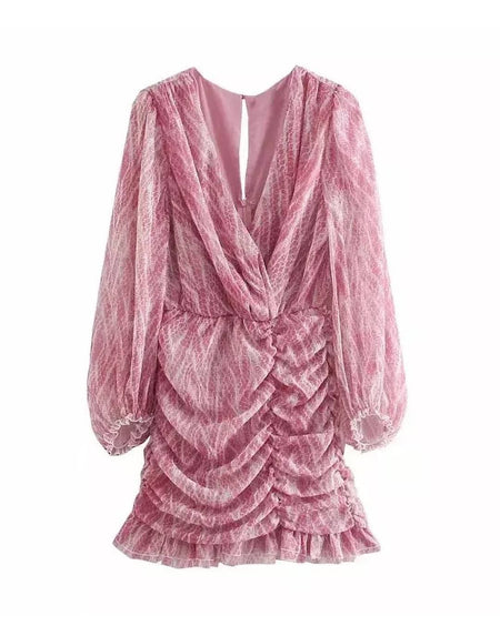 Snakeskin Print Ruched Skirt Dress - BEYAZURA.COM