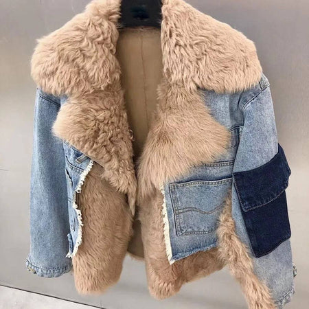 Sporty Denim Jacket With Sheepkin And Sheep Fur Trims - BEYAZURA.COM