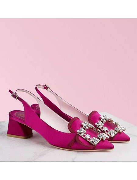 Square Heel Sling Black Satin Sandals - BEYAZURA.COM
