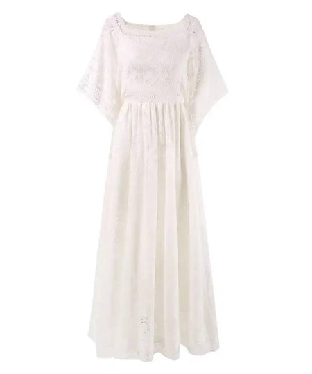 Square Neck Crochet Long Dress In Blue - BEYAZURA.COM