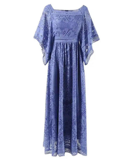 Square Neck Crochet Long Dress In Blue - BEYAZURA.COM