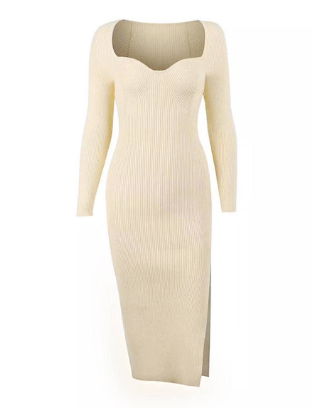 Square Neck Side Slit Knit Dress - BEYAZURA.COM