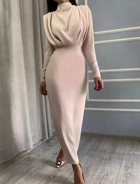 Stand Collar Draped Top Slim Dress - BEYAZURA.COM