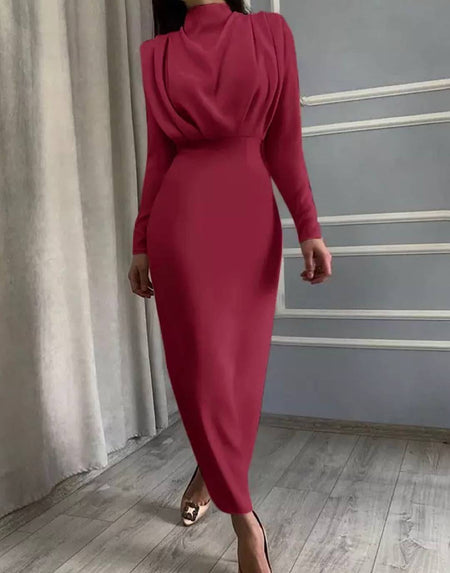Stand Collar Draped Top Slim Dress - BEYAZURA.COM