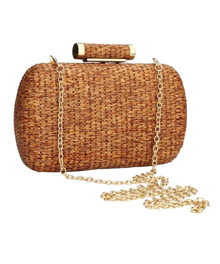 Straw Woven Gold Trimmed Clutch Bag In Brown - BEYAZURA.COM