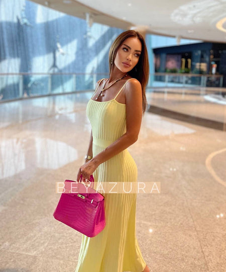 Stripe Knit Empire Waist Dress In Yellow - BEYAZURA.COM