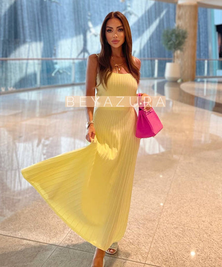 Stripe Knit Empire Waist Dress In Yellow - BEYAZURA.COM