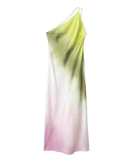 Tie Dye Asymmetrical Strapped Satin Dress - BEYAZURA.COM
