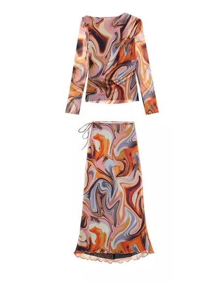 Tie Dye Mid Calf Bodycon Mesh Skirt Set - BEYAZURA.COM
