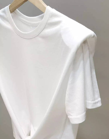 Tie Waist Shoulder Padded Crop Tee - BEYAZURA.COM