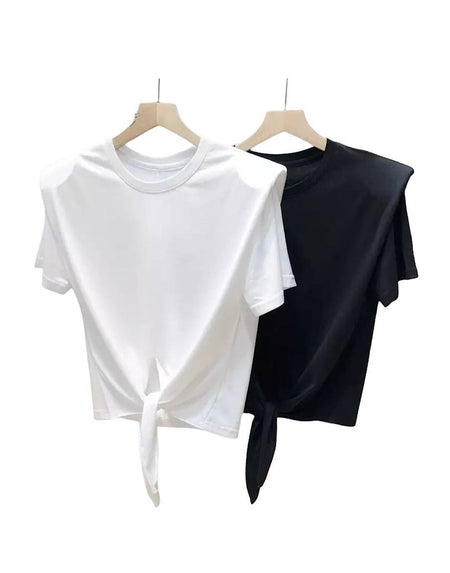 Tie Waist Shoulder Padded Crop Tee - BEYAZURA.COM