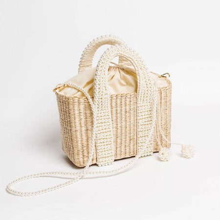 Tote Straw Handbag With Pearl Straps - BEYAZURA.COM