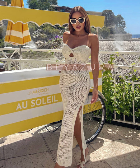 Tube Strapless Top Knitted Mesh Dress In Beige - BEYAZURA.COM