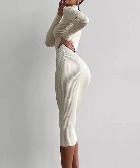 Turtleneck Long Sleeve Slim Midi Dress - BEYAZURA.COM