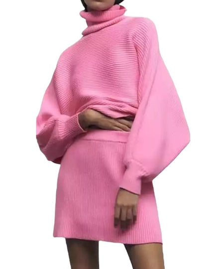 Turtleneck Top And Skirt Knit Set In Pink - BEYAZURA.COM