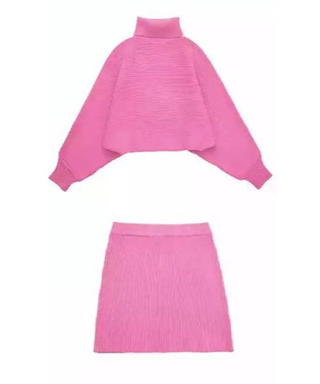 Turtleneck Top And Skirt Knit Set In Pink - BEYAZURA.COM