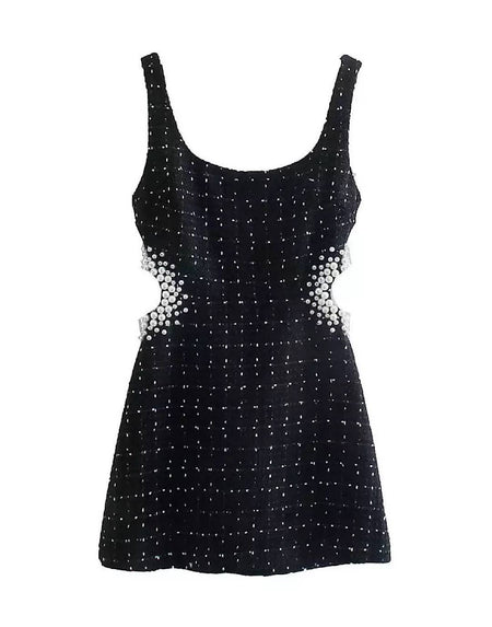 Tweed Cutout Pearl Mini Dress - BEYAZURA.COM