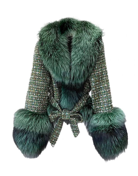 Tweed Fox Fur Trim Belted Wool Coat - BEYAZURA.COM