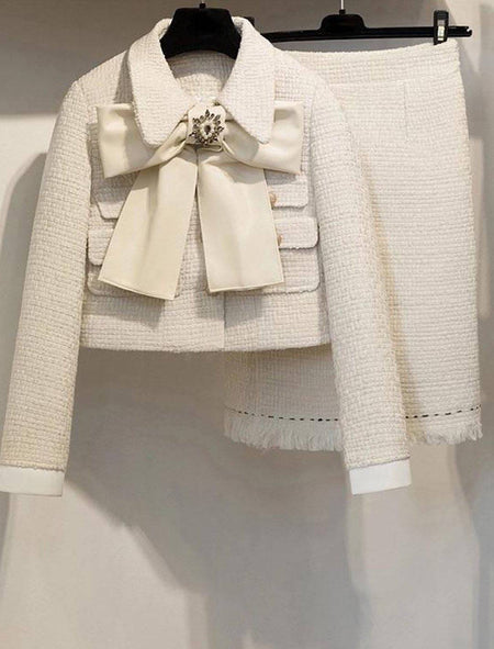 Tweed Jacket With Bow And Skirt Two Piece Set - BEYAZURA.COM