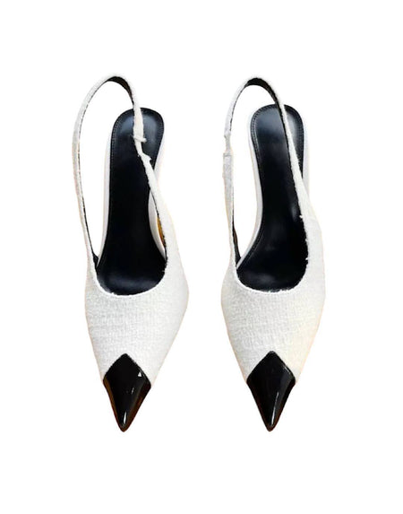 Tweed Pointed Toe Sling Back Heels - BEYAZURA.COM