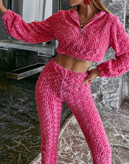 Two Piece Fleece Pants Set In Pink - BEYAZURA.COM
