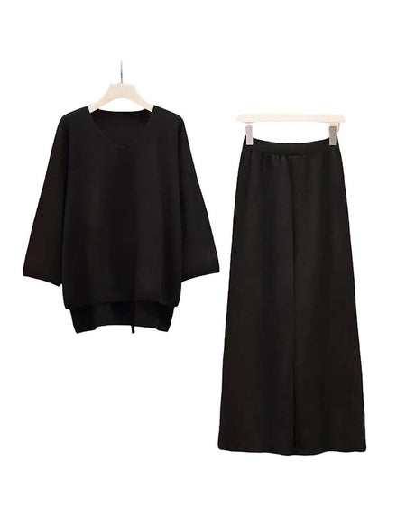 Two Piece Knit Scoop Neck Top Cropped Pants Set - BEYAZURA.COM