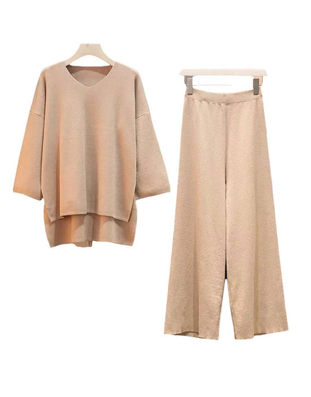 Two Piece Knit Scoop Neck Top Cropped Pants Set - BEYAZURA.COM