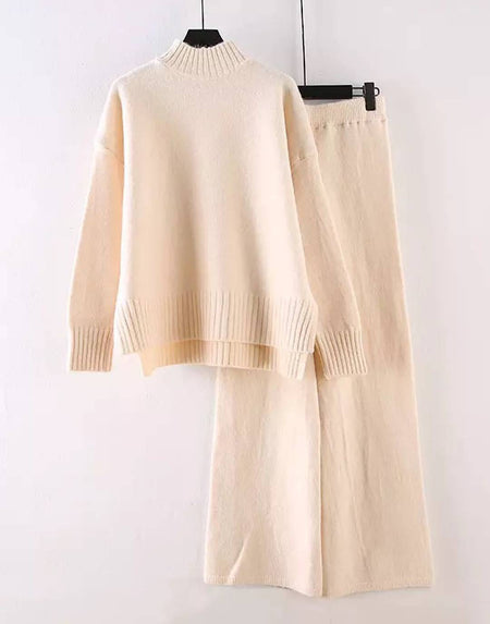 Two Piece Knit Soft Turtleneck Top Pants Set - BEYAZURA.COM
