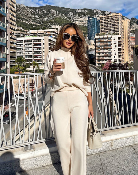 Two Piece Rib Knit Soft Sweater Pants Set - BEYAZURA.COM