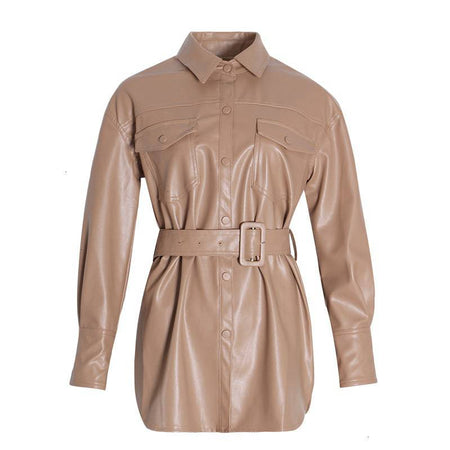 Vegan Leather Button Down Belted Jacket - BEYAZURA.COM