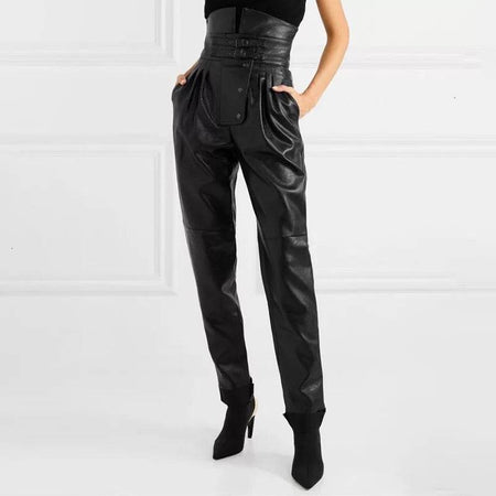 Vegan Leather High Waist Ruched Pants - BEYAZURA.COM