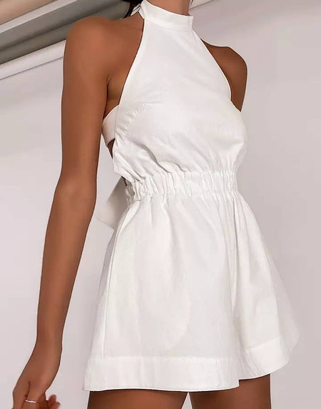 White Backless Elastic Waist Romper - BEYAZURA.COM